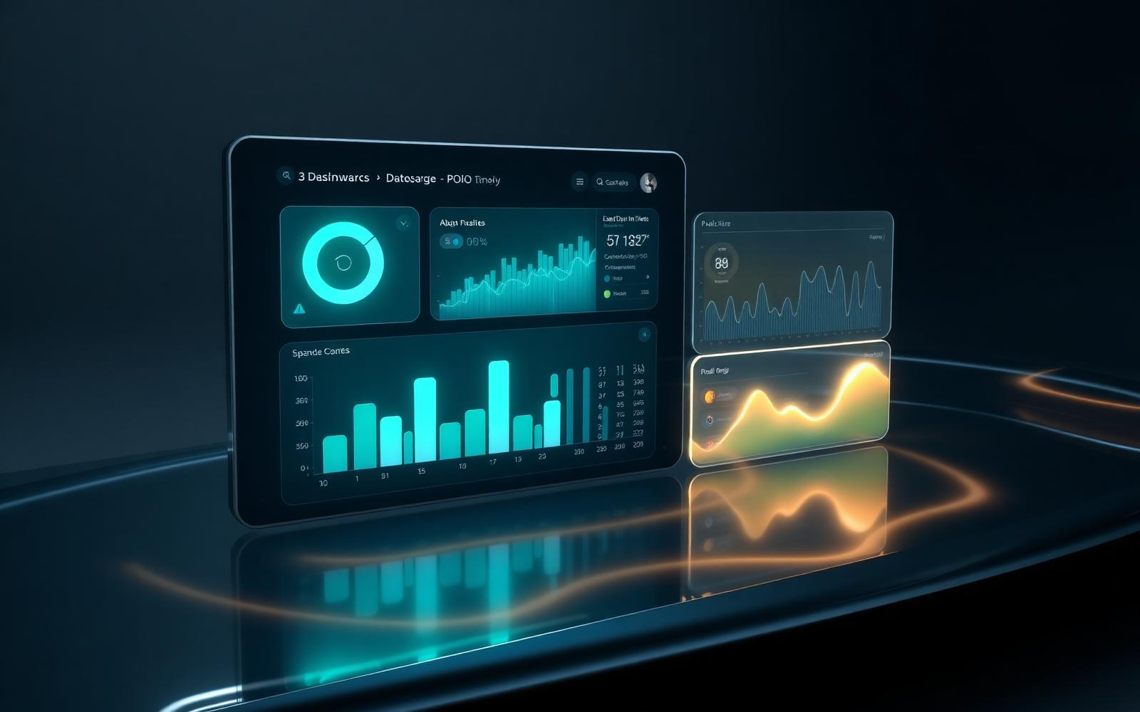 A sleek analytics dashboard with glowing teal charts floating over dark glass